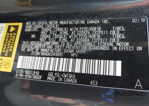 2010 Lexus Rx 350 из США, поврежденный, VIN 2T2BK1BAXAC049885